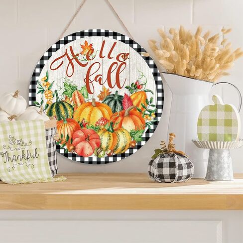 CHDITB Hello Fall Harvest لافتة باب خشبية، علامة شرفة الخريف الريفية لعيد الشكر (12 بوصة × 12 بوصة)، أوراق القيقب والقرع والتوت، لوحة معلقة على الحائط للباب الأمامي، شرفة المزرعة، ساحة الحديقة in Kuwait