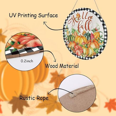 CHDITB Hello Fall Harvest لافتة باب خشبية، علامة شرفة الخريف الريفية لعيد الشكر (12 بوصة × 12 بوصة)، أوراق القيقب والقرع والتوت، لوحة معلقة على الحائط للباب الأمامي، شرفة المزرعة، ساحة الحديقة in Kuwait