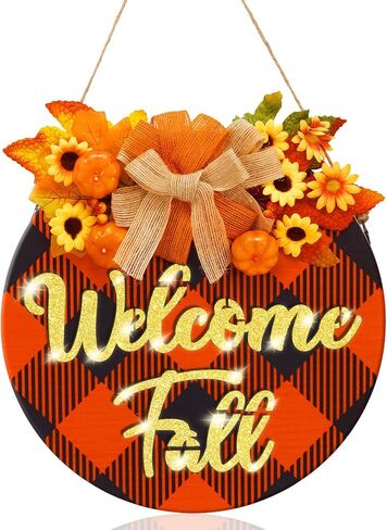 AnyDesign Fall Welcome Door Sign Light Up Fall Front Door Sign Black Orange Plaid Round Pumpkin Flower Door Hanger Rustic Wood Hanging Sign for Thanksgiving Autumn Farmhouse Outdoor Wall Porch Decor in Saudi Arabia