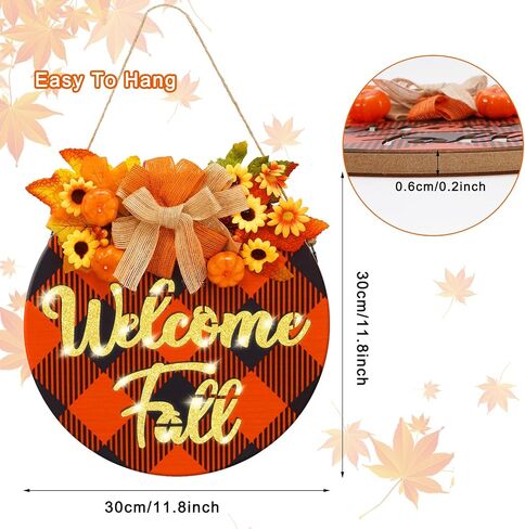 AnyDesign Fall Welcome Door Sign Light Up Fall Front Door Sign Black Orange Plaid Round Pumpkin Flower Door Hanger Rustic Wood Hanging Sign for Thanksgiving Autumn Farmhouse Outdoor Wall Porch Decor in Saudi Arabia