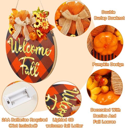 AnyDesign Fall Welcome Door Sign Light Up Fall Front Door Sign Black Orange Plaid Round Pumpkin Flower Door Hanger Rustic Wood Hanging Sign for Thanksgiving Autumn Farmhouse Outdoor Wall Porch Decor in Saudi Arabia