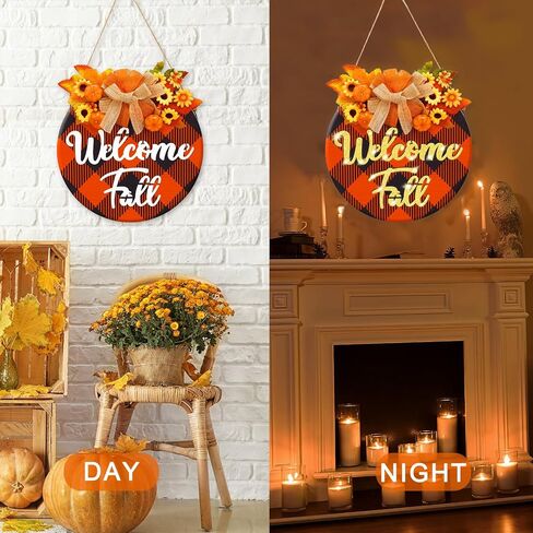 AnyDesign Fall Welcome Door Sign Light Up Fall Front Door Sign Black Orange Plaid Round Pumpkin Flower Door Hanger Rustic Wood Hanging Sign for Thanksgiving Autumn Farmhouse Outdoor Wall Porch Decor in Saudi Arabia