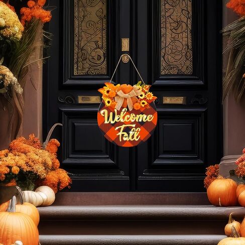 AnyDesign Fall Welcome Door Sign Light Up Fall Front Door Sign Black Orange Plaid Round Pumpkin Flower Door Hanger Rustic Wood Hanging Sign for Thanksgiving Autumn Farmhouse Outdoor Wall Porch Decor in Saudi Arabia