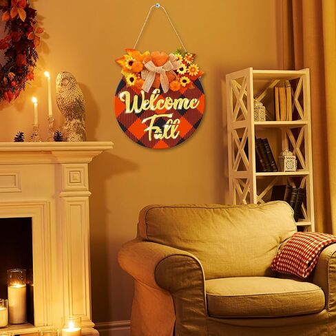 AnyDesign Fall Welcome Door Sign Light Up Fall Front Door Sign Black Orange Plaid Round Pumpkin Flower Door Hanger Rustic Wood Hanging Sign for Thanksgiving Autumn Farmhouse Outdoor Wall Porch Decor in Saudi Arabia