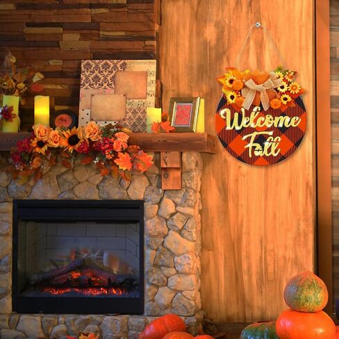 AnyDesign Fall Welcome Door Sign Light Up Fall Front Door Sign Black Orange Plaid Round Pumpkin Flower Door Hanger Rustic Wood Hanging Sign for Thanksgiving Autumn Farmhouse Outdoor Wall Porch Decor in Saudi Arabia