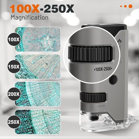 100x-250x Mini Pocket Microscope for Kids Adults, Protable Handheld Microscope with 5 Microscope Slides, Phone Adapter, Miniscope Portable Microscope Kit for Kids Adults Science Lab Education, Yellow in Saudi Arabia