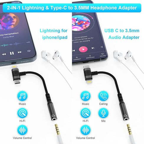 USB C to 3.5mm audio adapter for iPhone 15 Lightning & USB-C to 3.5 mpm Headhone Jack Adapter 2-in-1 iPhone Aux Adapter Dongle for iphone 14 13 12 11 X ipad, 3.5mm to USBC for Samsung Galaxy, Pixel ﻿ in Saudi Arabia