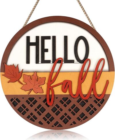 Hello Fall Sign for Front Door ,3D Fall Round Wood Hanging Sign Plaque Fall Door Porch Signs Thanksgiving Door Sign with Wooden Maple Leaves, Rustic Wall Art for Farmhouse Porch Home Decorn (Hello in Saudi Arabia