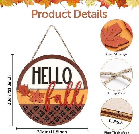 Hello Fall Sign for Front Door ,3D Fall Round Wood Hanging Sign Plaque Fall Door Porch Signs Thanksgiving Door Sign with Wooden Maple Leaves, Rustic Wall Art for Farmhouse Porch Home Decorn (Hello in Saudi Arabia