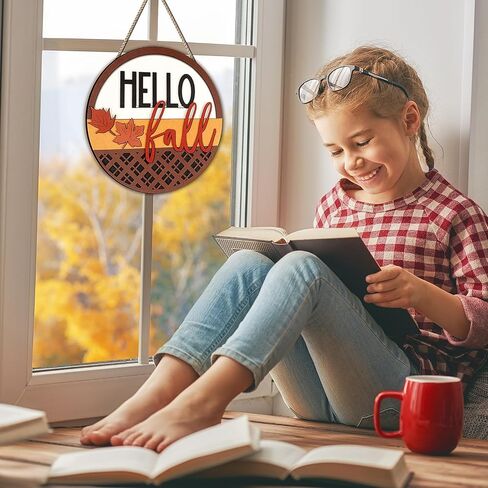 Hello Fall Sign for Front Door ,3D Fall Round Wood Hanging Sign Plaque Fall Door Porch Signs Thanksgiving Door Sign with Wooden Maple Leaves, Rustic Wall Art for Farmhouse Porch Home Decorn (Hello in Saudi Arabia