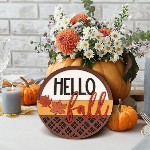 Hello Fall Sign for Front Door ,3D Fall Round Wood Hanging Sign Plaque Fall Door Porch Signs Thanksgiving Door Sign with Wooden Maple Leaves, Rustic Wall Art for Farmhouse Porch Home Decorn (Hello in Saudi Arabia