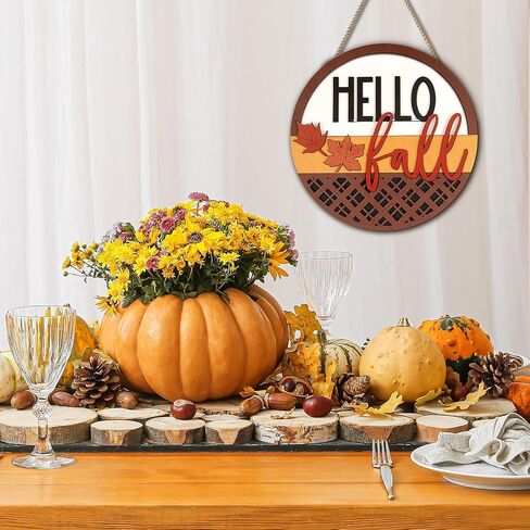 Hello Fall Sign for Front Door ,3D Fall Round Wood Hanging Sign Plaque Fall Door Porch Signs Thanksgiving Door Sign with Wooden Maple Leaves, Rustic Wall Art for Farmhouse Porch Home Decorn (Hello in Saudi Arabia