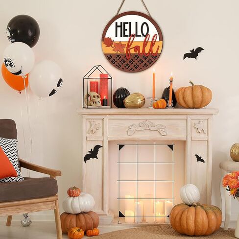 Hello Fall Sign for Front Door ,3D Fall Round Wood Hanging Sign Plaque Fall Door Porch Signs Thanksgiving Door Sign with Wooden Maple Leaves, Rustic Wall Art for Farmhouse Porch Home Decorn (Hello in Saudi Arabia