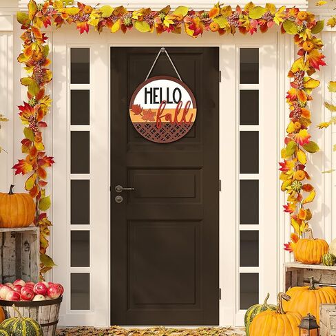 Hello Fall Sign for Front Door ,3D Fall Round Wood Hanging Sign Plaque Fall Door Porch Signs Thanksgiving Door Sign with Wooden Maple Leaves, Rustic Wall Art for Farmhouse Porch Home Decorn (Hello in Saudi Arabia