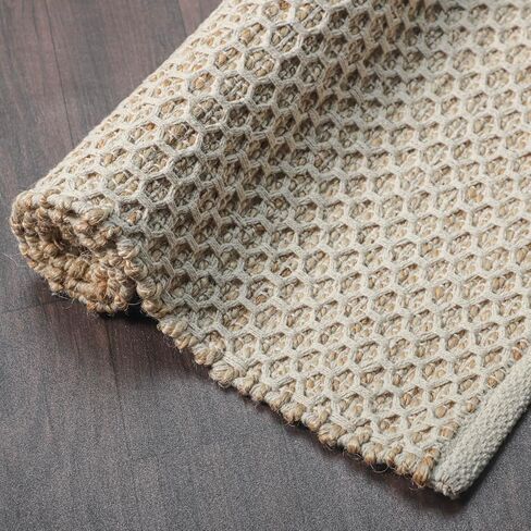 Natural Jute Cotton Area Rug, 4'x6' Feet, Handmade with Honeycomb Weave, Boho, High Traffic Durable, Ideal for Living Room, Bedroom and Kitchens - Pet and Kid Friendly in Saudi Arabia