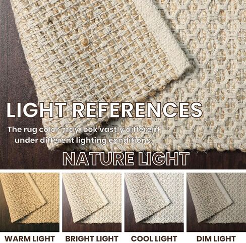 Natural Jute Cotton Area Rug, 4'x6' Feet, Handmade with Honeycomb Weave, Boho, High Traffic Durable, Ideal for Living Room, Bedroom and Kitchens - Pet and Kid Friendly in Saudi Arabia