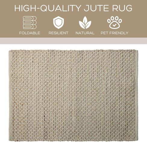 Natural Jute Cotton Area Rug, 4'x6' Feet, Handmade with Honeycomb Weave, Boho, High Traffic Durable, Ideal for Living Room, Bedroom and Kitchens - Pet and Kid Friendly in Saudi Arabia