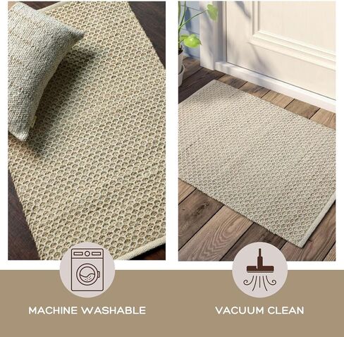 Natural Jute Cotton Area Rug, 4'x6' Feet, Handmade with Honeycomb Weave, Boho, High Traffic Durable, Ideal for Living Room, Bedroom and Kitchens - Pet and Kid Friendly in Saudi Arabia