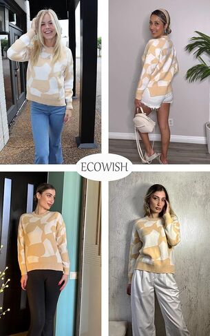 سترة صوفية نسائية من ECOWISH: خريف وشتاء بأكمام طويلة كاجوال مضلع متماسك بفتحة جانبية وبلوك ملون in Kuwait