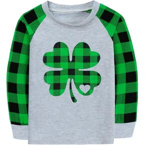 CM-Kid Toddler Boys Girls St Patricks Day Shirts Clover Dino Tractor Irish Green Plaid Sleeve Tshirt for Kids Tops 2-7 Years