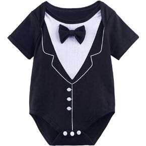 A&J DESIGN Baby Boys Tuxedo Bodysuit One-Piece with Bow tie 3-24 Months | Infant Outfit, Embroidered, Breathable, Pure Cotton, Lightweight, Real Bow Tie, Short Sleeve Skin-Friendly, Birthday, Formal in Kuwait
