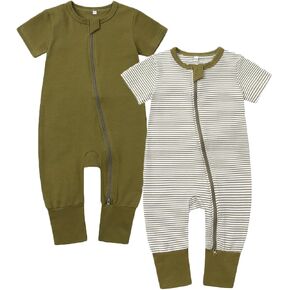 Feidoog Toddler Zipper Romper 2 Pack Cotton Short Sleeve One Piece Jumpsuit | Soft and Breathable,Fabric Neck Protector and Inside Zip, Toddler Romper Suit for 3 months - 24 month Baby Boys Girls in Kuwait