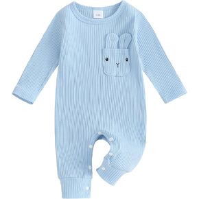 Amiblvowa Newborn Baby Boy Easter Outfit Knit Ribbed Bunny Rabbit Skin Ear Pocket Romper Jumpsuit Infant One Piece Clothes