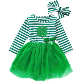 St.Patrick's Day Outfit Toddler Baby Girls Long Sleeve Stripe Lucky Clover Tulle Tutu Skirt Dresses Headband Clothes Set