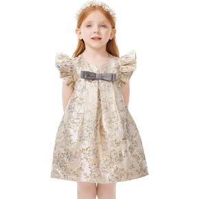 Meilleur moment Girls Floral Dress Ruffle Sleeve A-Line Golden Jacquard Midi Dress for Girls Festival