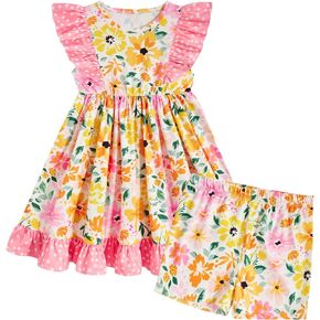 Enlifety 2-6T Toddler Girls Summer Dress Ruffle Sleeve Casual Dresses with Matching Shorts