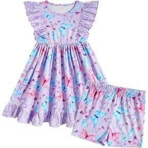 Enlifety 2-6T Toddler Girls Summer Dress Ruffle Sleeve Casual Dresses with Matching Shorts