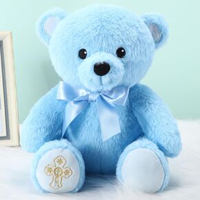 Syhood 12 Inch Baptism Gift Plush Bear Cute Soft Stuffed Animal Bear with Bow and Embroidered Catholic Prayer Christening Gifts for Boy Girl Baptisms Baby Showers Birthday Party Keepsake Favor(Blue)