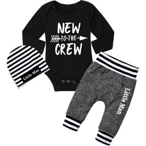 Fommy Newborn Baby Boy Clothes New to The Crew Letter Print Romper+ Pants+Hat 3PCS Outfit