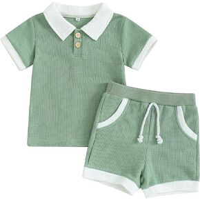Kuriozud Newborn Baby Boy Summer Clothes Button Short Sleeve Romper Bodysuit Shorts Set Toddler Soft Waffle Outfit
