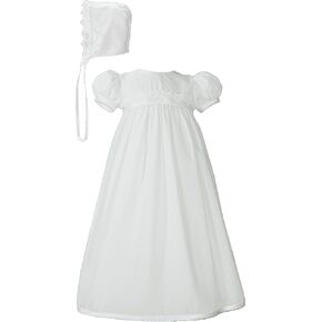 White Polycotton Christening Baptism Gown with Lace Trim & Bonnet