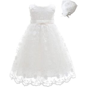 Meiqiduo Baby Girls Lace Christening Baptism Gowns Dresses with Bonnet