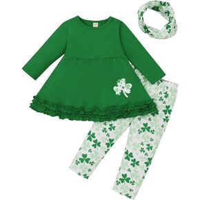 Toddler Girls St.Patrick's Day Outfits Flare Tunic Ruffle Dress Shirt Shamrock Print Pants with Scarf Sets