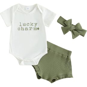 Bowanadacles Newborn Baby Girl St. Patrick's Day Clothes Outfit Four Leaf Clover Short Sleeve Romper Bottom Headband Set