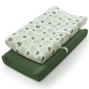 Blissful Diary Muslin Changing Pad Cover for Girls Boys, Ultra Soft Breathable Cotton, Baby Diaper Change Table Pad Covers, 2Pack (Roman Green&Leaf)