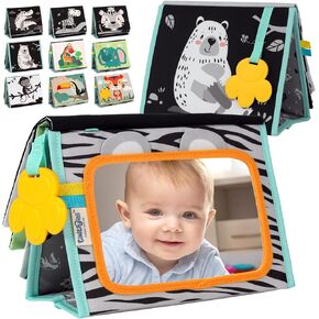 TINITIGIES Tummy Time Mirror for Babies - High Contrast Book with Large Stimulating Baby Safe Mirror & Silicone Teether & Crinkle Pages - Perfect Tummy Time Toys for Babies 0 3 6 9 Months