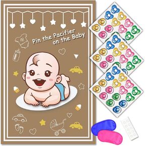Baby Shower Games - Pin The Pacifier on The Baby Game Includes Large Baby Poster, Pacifier Stickers, blindfolds for Baby Shower Decorations Room Decor