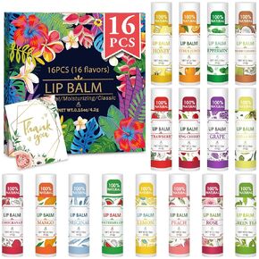 16 Pack Lip Balm, 100% Natural Lip Balm Bulk with Vitamin E and Coconut Oil, Moisturizing Lip Balm for Dry Lips - 16 Flavors