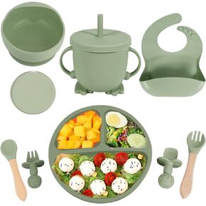 Silicone Baby Feeding Set, Baby Led Weaning Supplies with Suction Bowl Divided Plate, Self Feeding Spoons Forks Sippy Cup Adjustable Bib, Eating Utensils for 6+ Months (Green)
