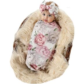 Galabloomer Receiving Blanket Headband Set Flower Print Baby Swaddle Receiving Blankets (Navy 9)
