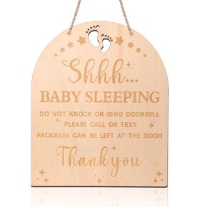 Baby Sleeping Sign for Front Door, 11.81x9.84" Do Not Knock or Ring Doorbell Sign Hanger Wooden Shhh Baby Sleeping Hanging Sign Baby Asleep Door Sign for Nursery Outdoor Outside Kids Room Decor