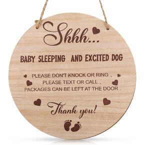 Shhh Baby Sleeping Door Sign, 10 Inch Do Not Knock or Ring Doorbell Wooden Baby Sleeping Hanging Sign Plaque with Hemp Rope Door Hanger for Front Door Nursery Bedroom Baby Room