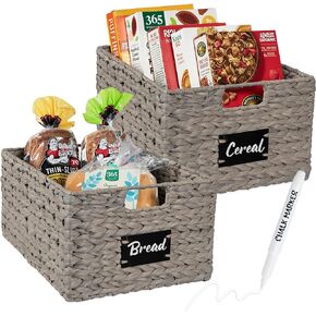 Best Choice Products Set of 4 16x12in Large Water Hyacinth Pantry Baskets, Woven Kitchen Organizers w/Chalkboard Label, Chalk Marker - White