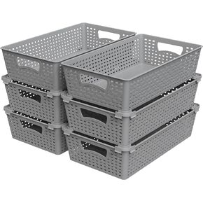 Simple Houseware Stackable Plastic Woven Basket Organizer, 6 Pack, Black