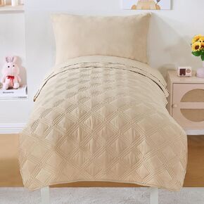 Cozyholy 4 Piece Toddler Bedding Set for Boys Girls Beige Geometric Stitched Microfiber Crib Bed Sheets Set Lightweight Quilted Comforter Set,Include Comforter, Flat Sheet, Fitted Sheet, Pillowcase