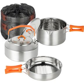 Outdoor Camping Cookware Set - Stainless Steel Kettle, Frying Pan, and Cooking Pot Trio with Silicone Handles